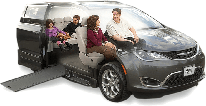 A family sitting inside a Chrysler Pacifica wheelchair van.