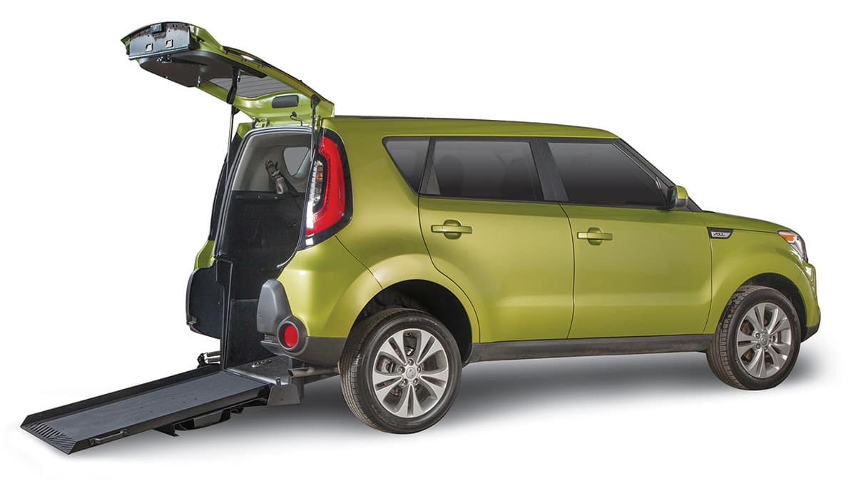 FMI Conversions Kia Soul with rear entry conversion with ramp deployed from rear hatch.