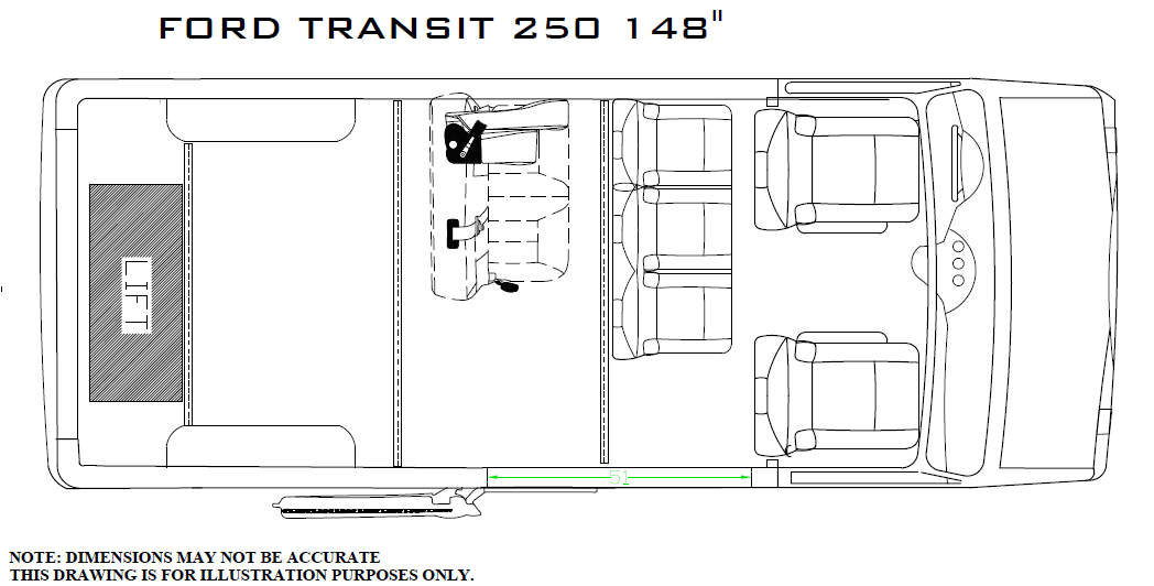 Ford Transit Wheelchair Van Diagram Showing Interior Layout of Van with Rear Lift