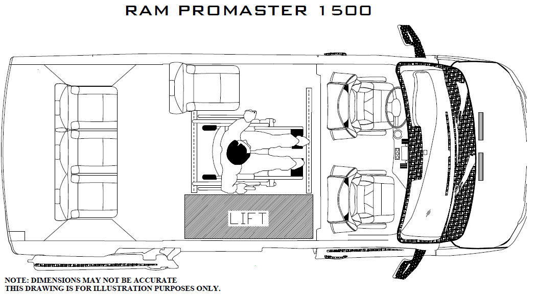 RAM ProMaster Wheelchair Van Interior Configuration Showing Seats and Wheelchair Position