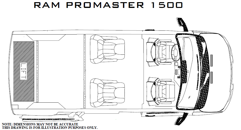 RAM ProMaster Wheelchair Van With Rear Lift Interior Configuration Showing Seats and Wheelchair Position