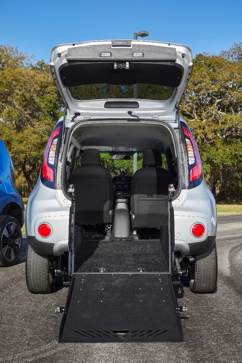 Rear End of Ryno Mobility Kia Soul with ramp open.