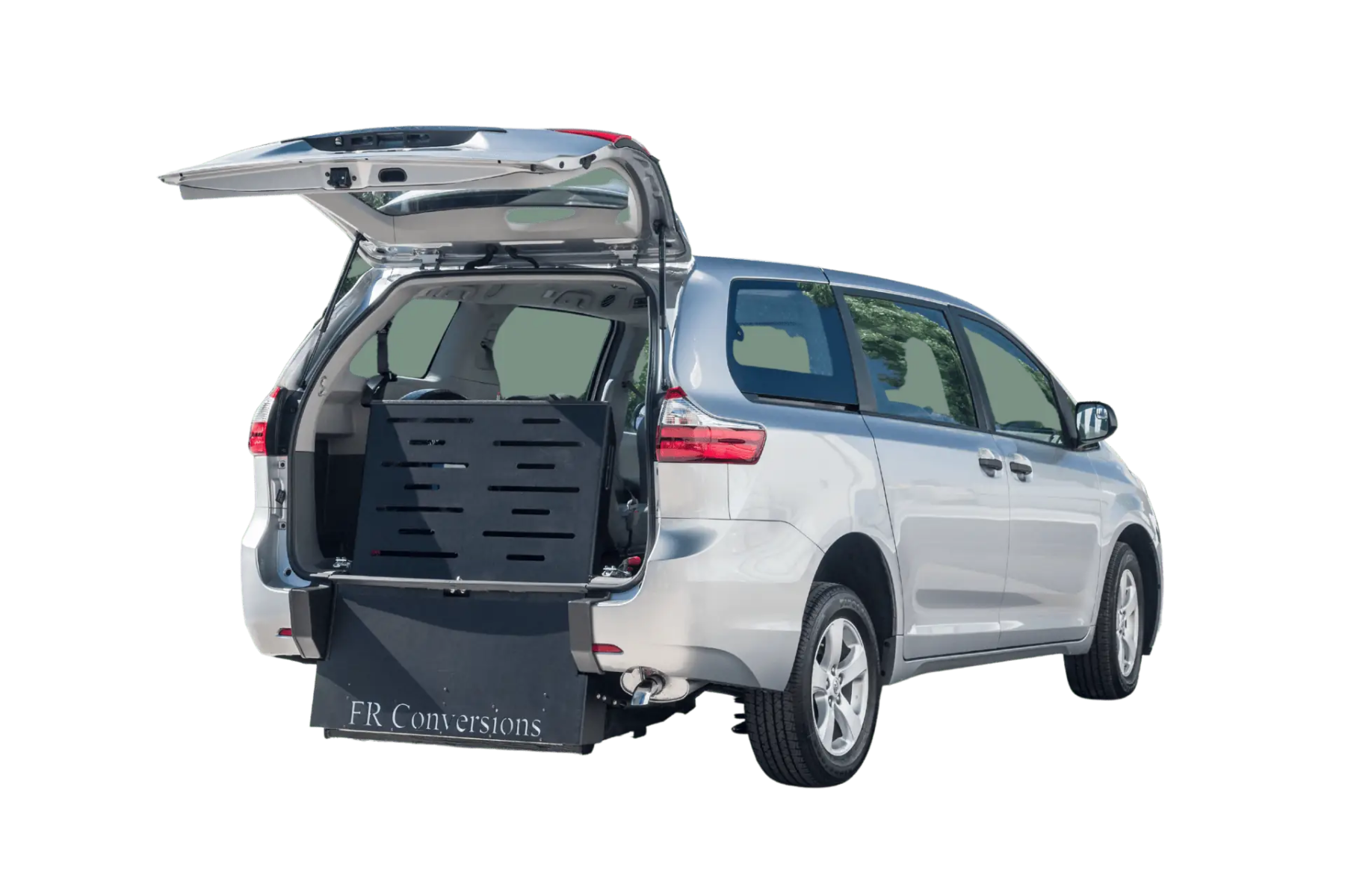 FR Conversions Toyota Sienna rear-entry wheelchair van with ramp deployed