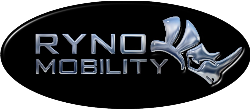 Ryno Mobility Logo - A black oval with the words "Ryno Mobility" in silver next to a silhouette of a Rhinoceros. 