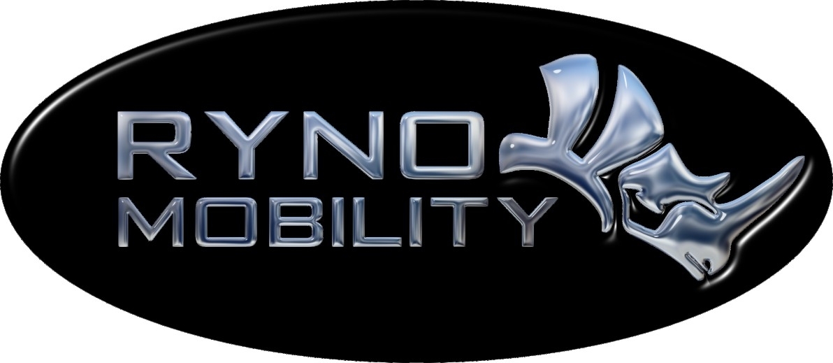 A black oval with the words "Ryno Mobility" in silver and the silhouette of a Rhinoceros 