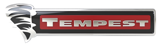 Tempest Conversions Logo - A red rectangle with the word "Tempest" written in silver, with a tornado symbol to the left.