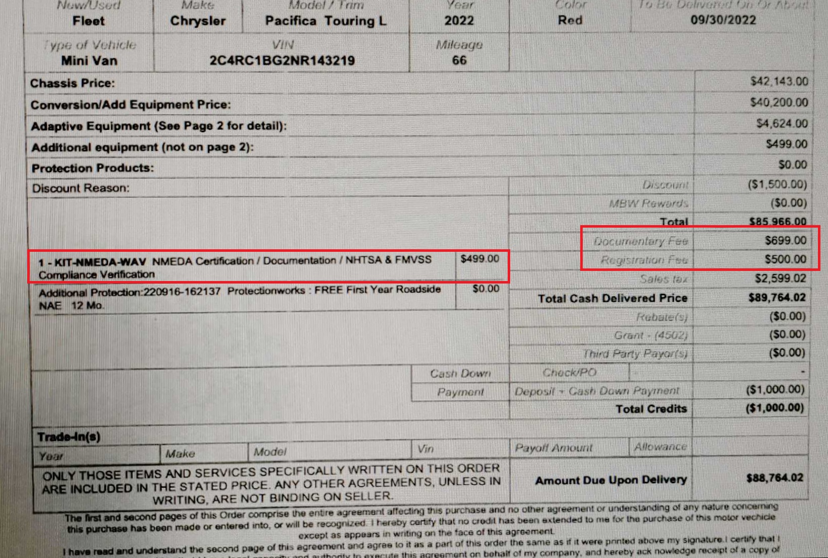 Wheelchair Van Invoice With Hidden Fees Marked In Red
